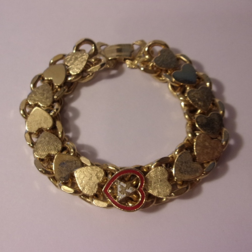 Gold Heart Link Bracelet with Red Accent